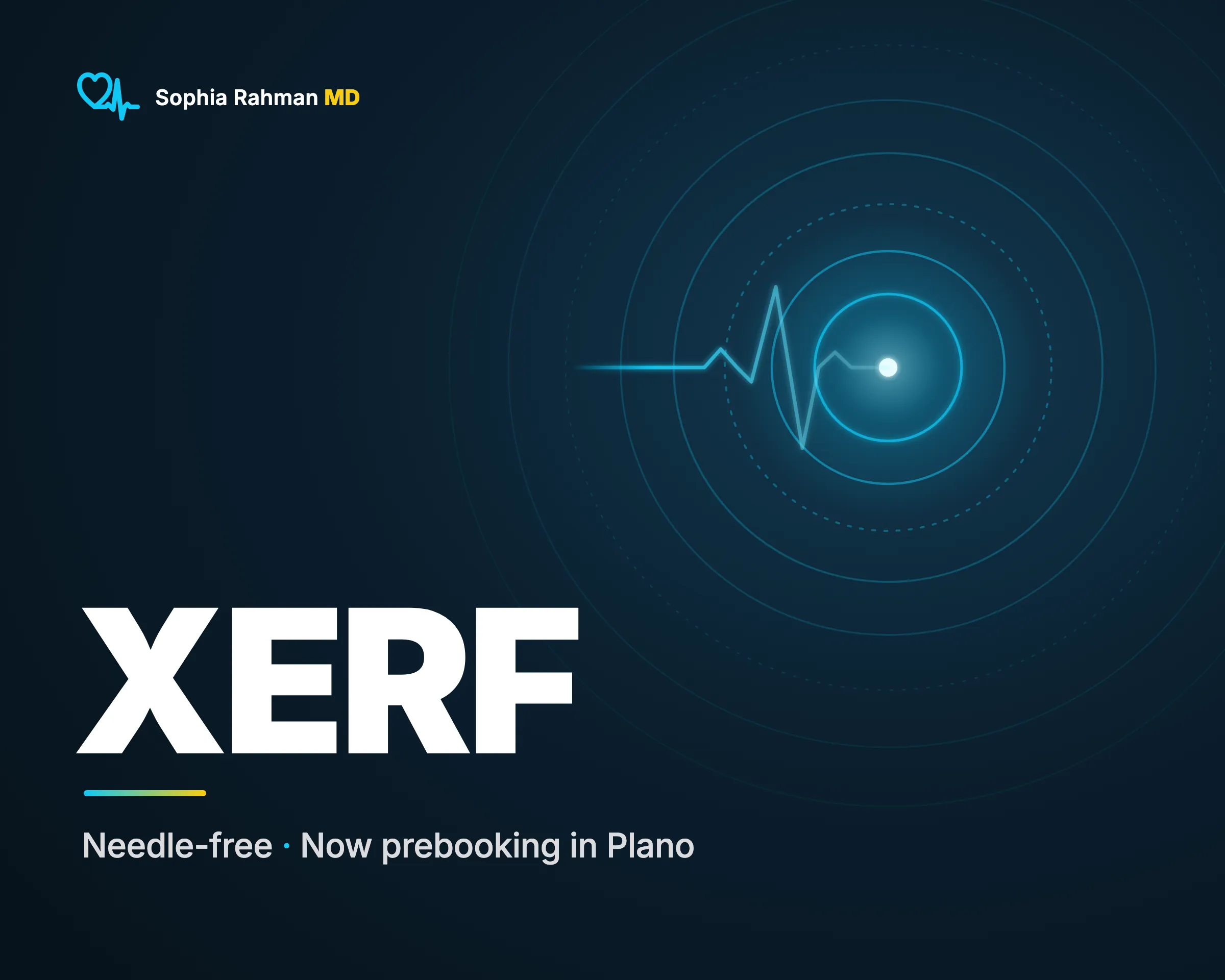 XERF structural skin tightening, needle-free, now prebooking in Plano: an abstract graphic of a heartbeat line running into concentric rings on navy